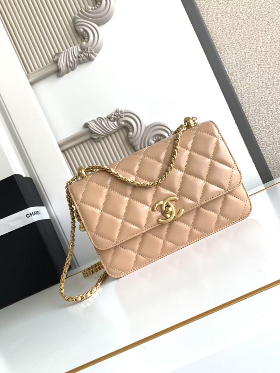 Chanel Calfskin Quilted Perfect Fit Flap Beige 22cm