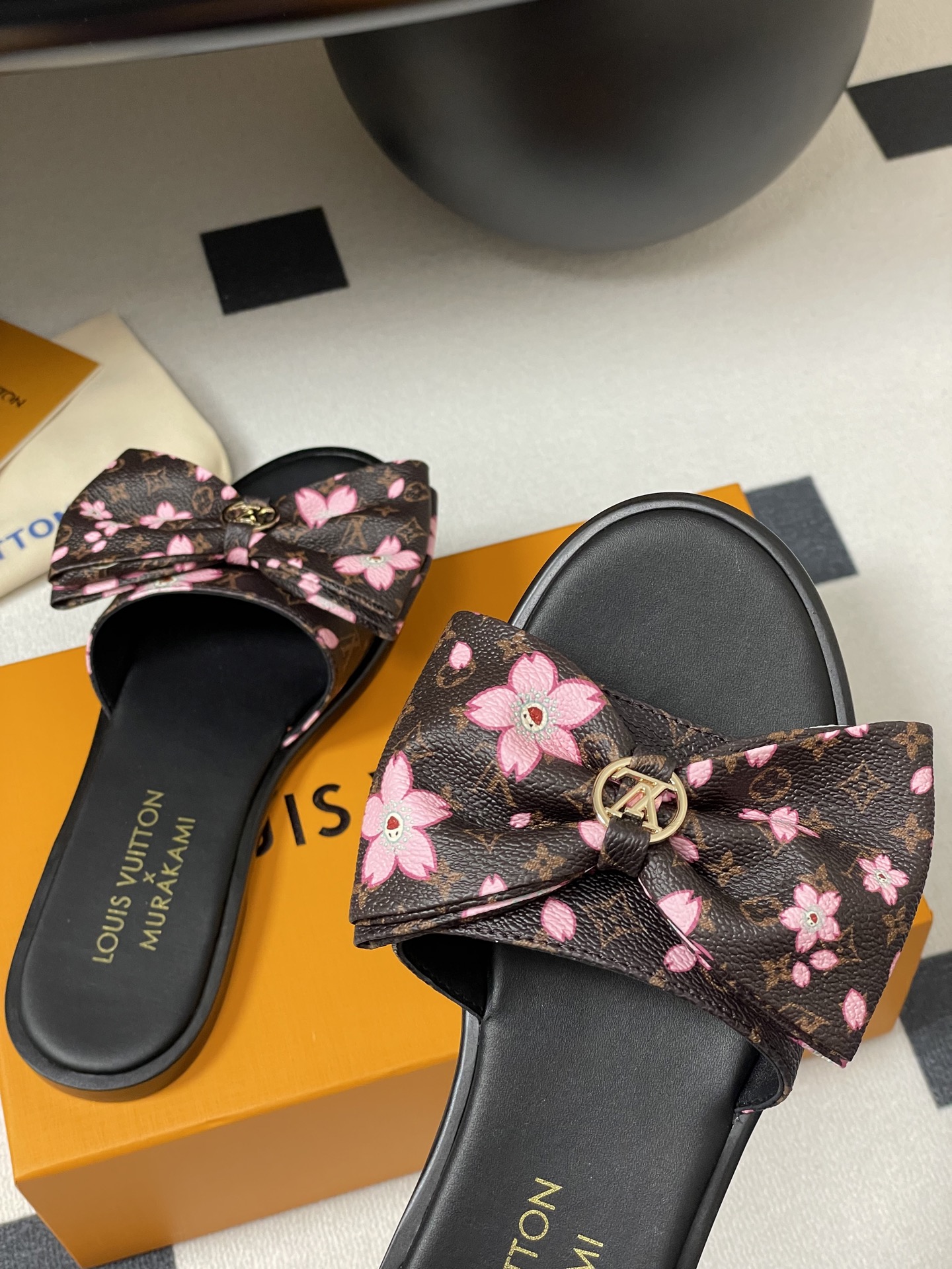 Louis Vuitton x Takashi Murakami Lily Flat Mule Bow Slide Sandals Black 1AGVYA