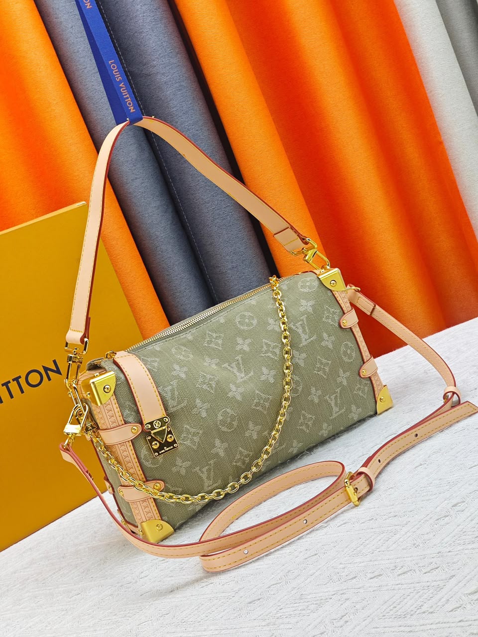 Louis Vuitton East West MM Side Trunk Bag Khaki Denim 28cm M27451