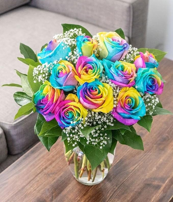 From You Flowers - One Dozen Wild Rainbow Roses with Glass Vase | Fresh Flower Bouquets for Birthday, Anniversary, Get Well or Celebration