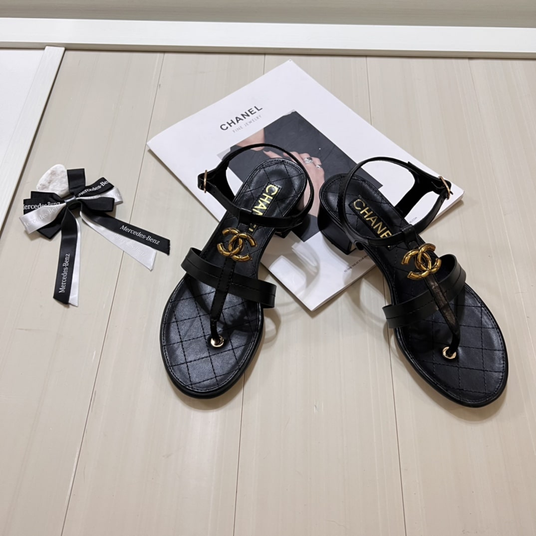 Chanel Sandal Open Round Toe Flip Flops Black