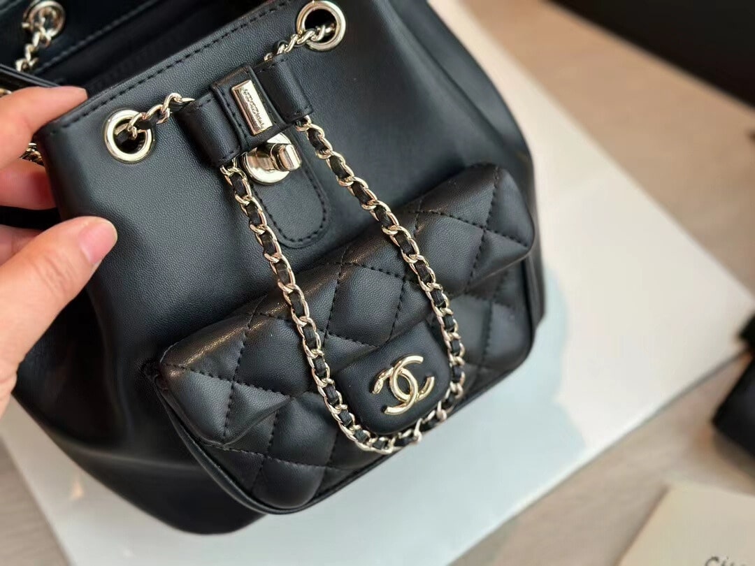 Chanel Duma Matelasse Leather Chain Backpack Black 20Cm/7.8in