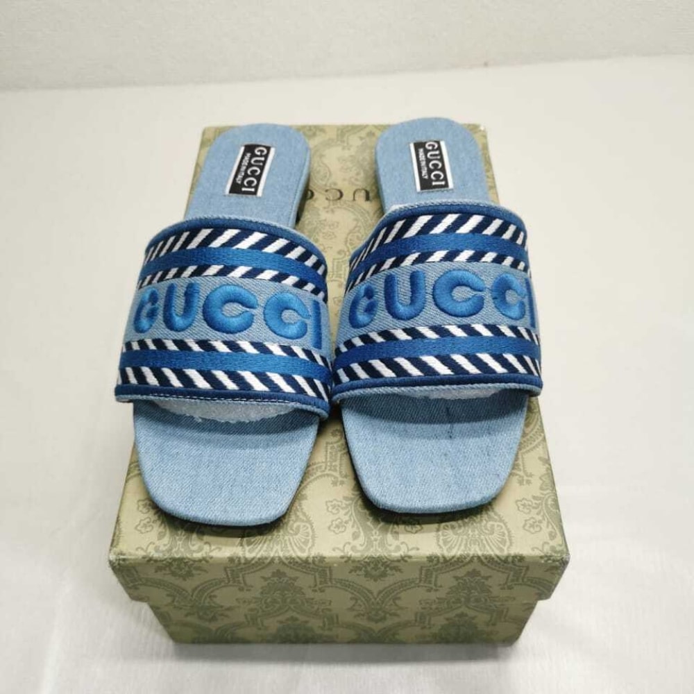 Gucci Women’S Slide Sandal With Gucci Script Light Blue Denim 771589 Fack3 4609