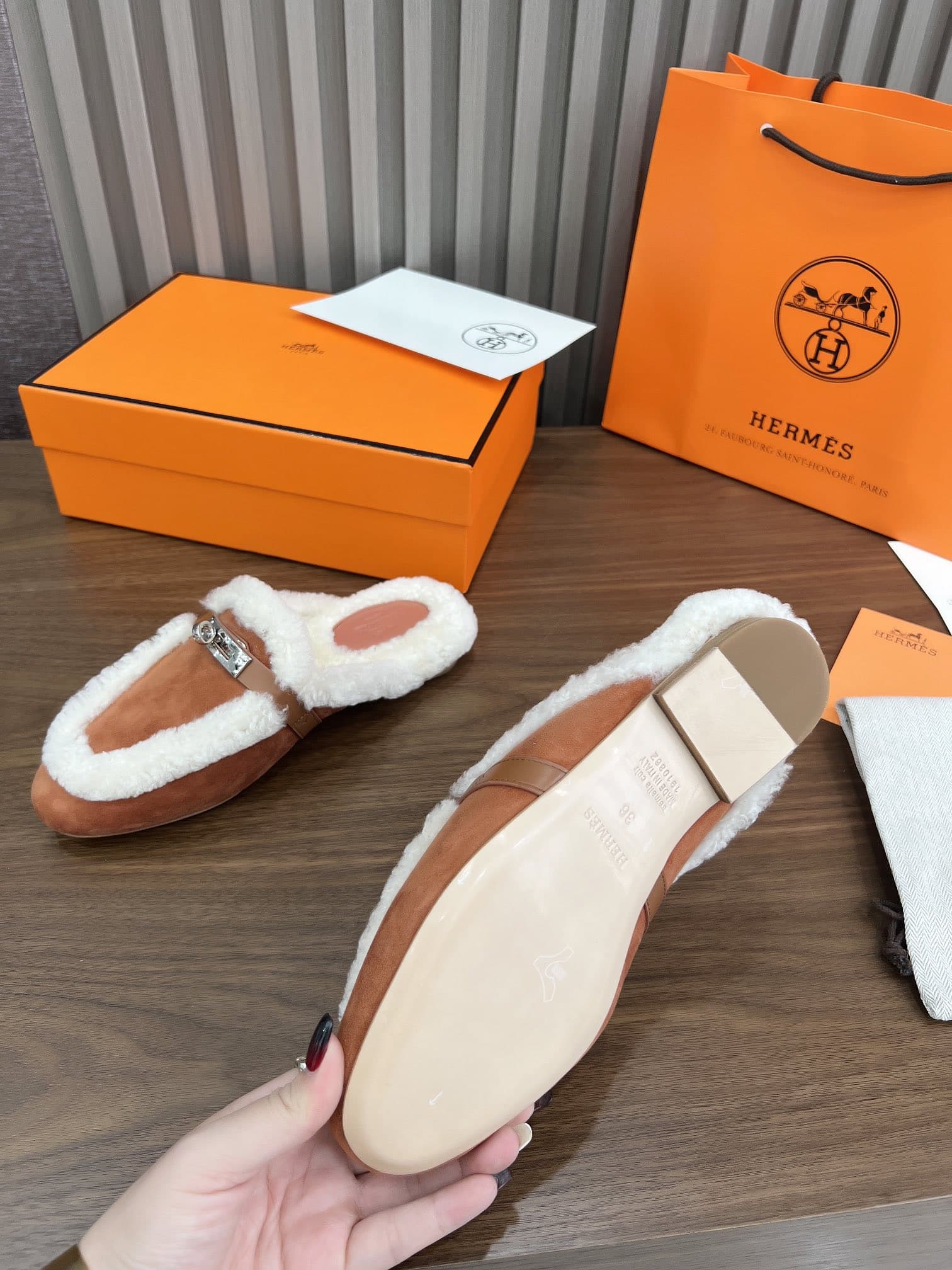 Hermes Oz Mule Shearling Brown White