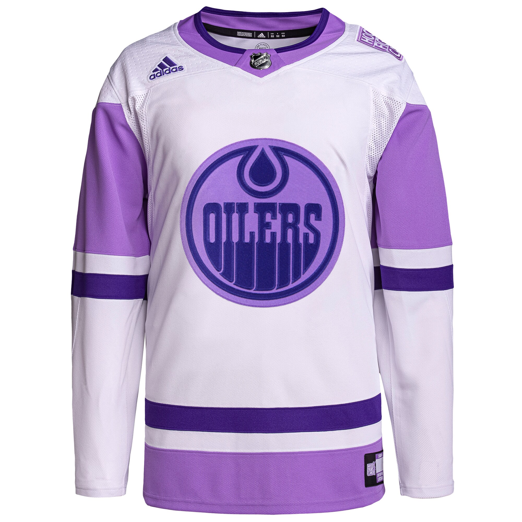 Edmonton Oilers adidas Hockey Fights Cancer Primegreen Authentic Blank Practice Jersey – White/Purple