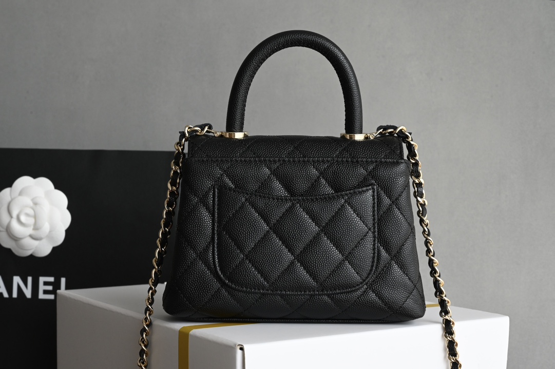 Coco Handle (Size 24) in Black Quilted Grained Calfskin (Caviar) with Light Gold-Tone Hardware (Model A92990)