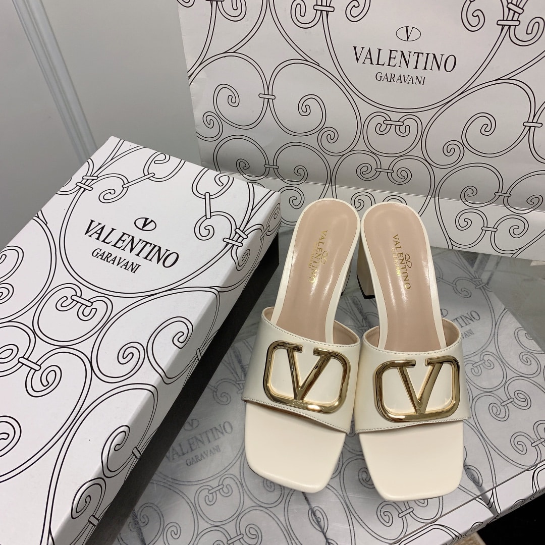 Valentino VLogo Signature Square-Toe Mid-Heel Slide Sandals – White