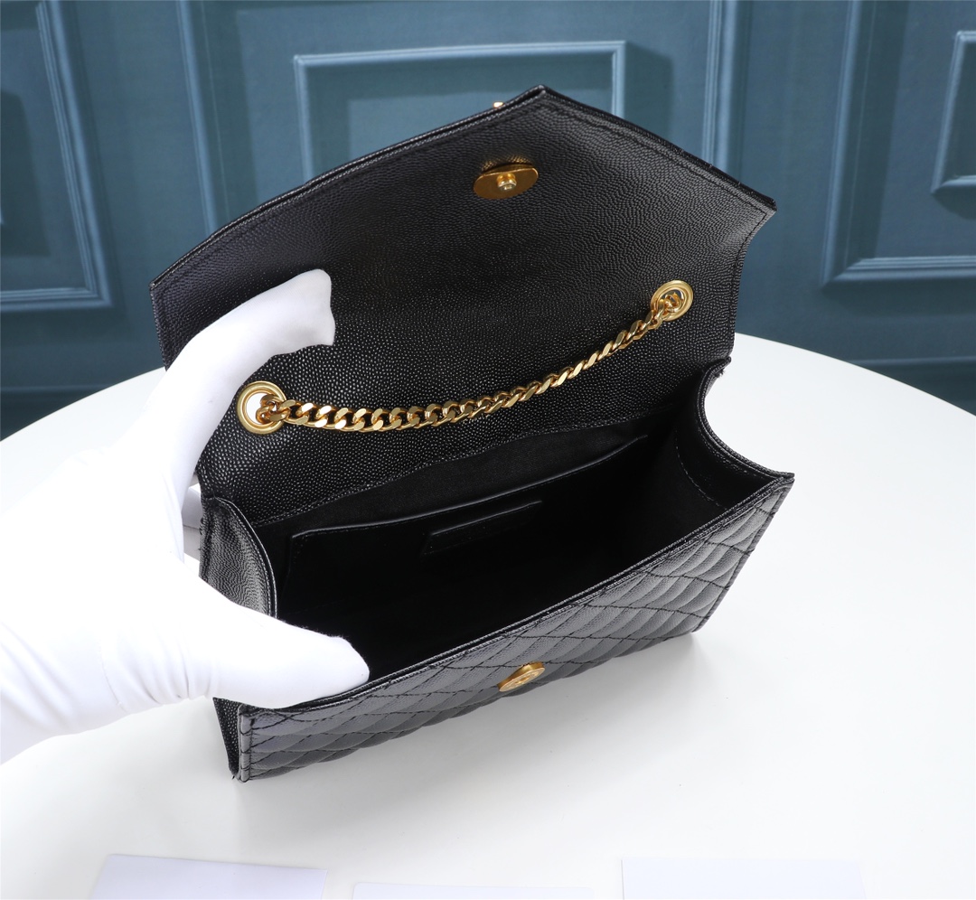 Saint Laurent Envelope Small Bag In Mix Matelasse Grain De Poudre Embossed Black Gold 21Cm