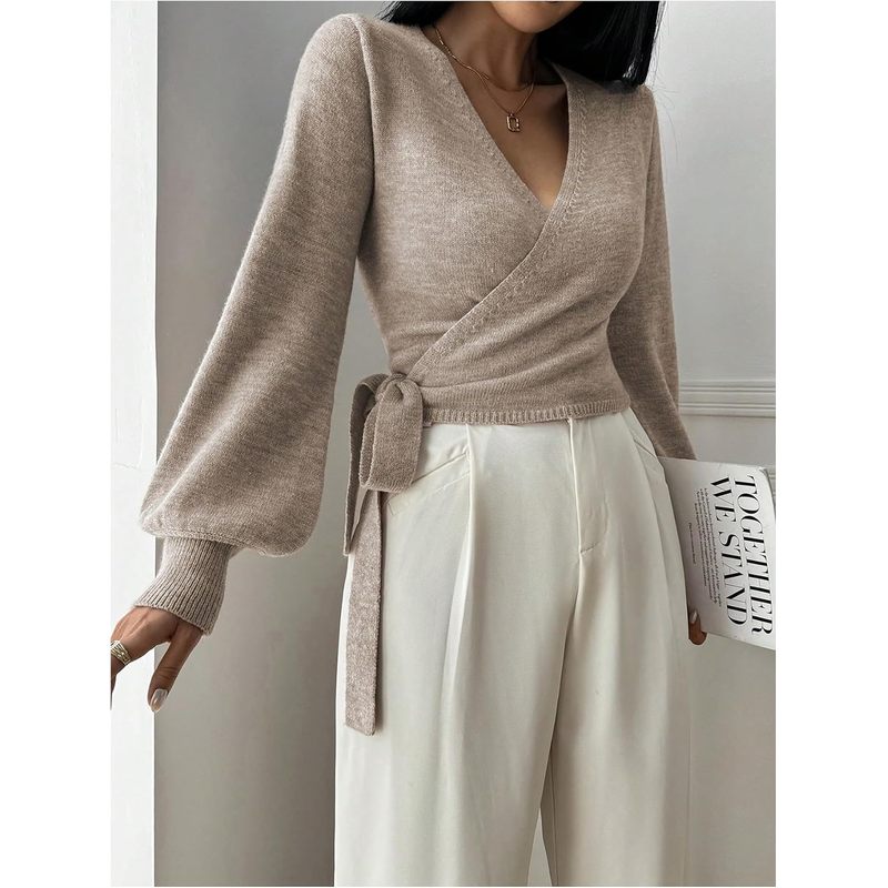 Women's V Neck Wrap Sweater Pullover Slim Fit Knit Crop Top Sweater