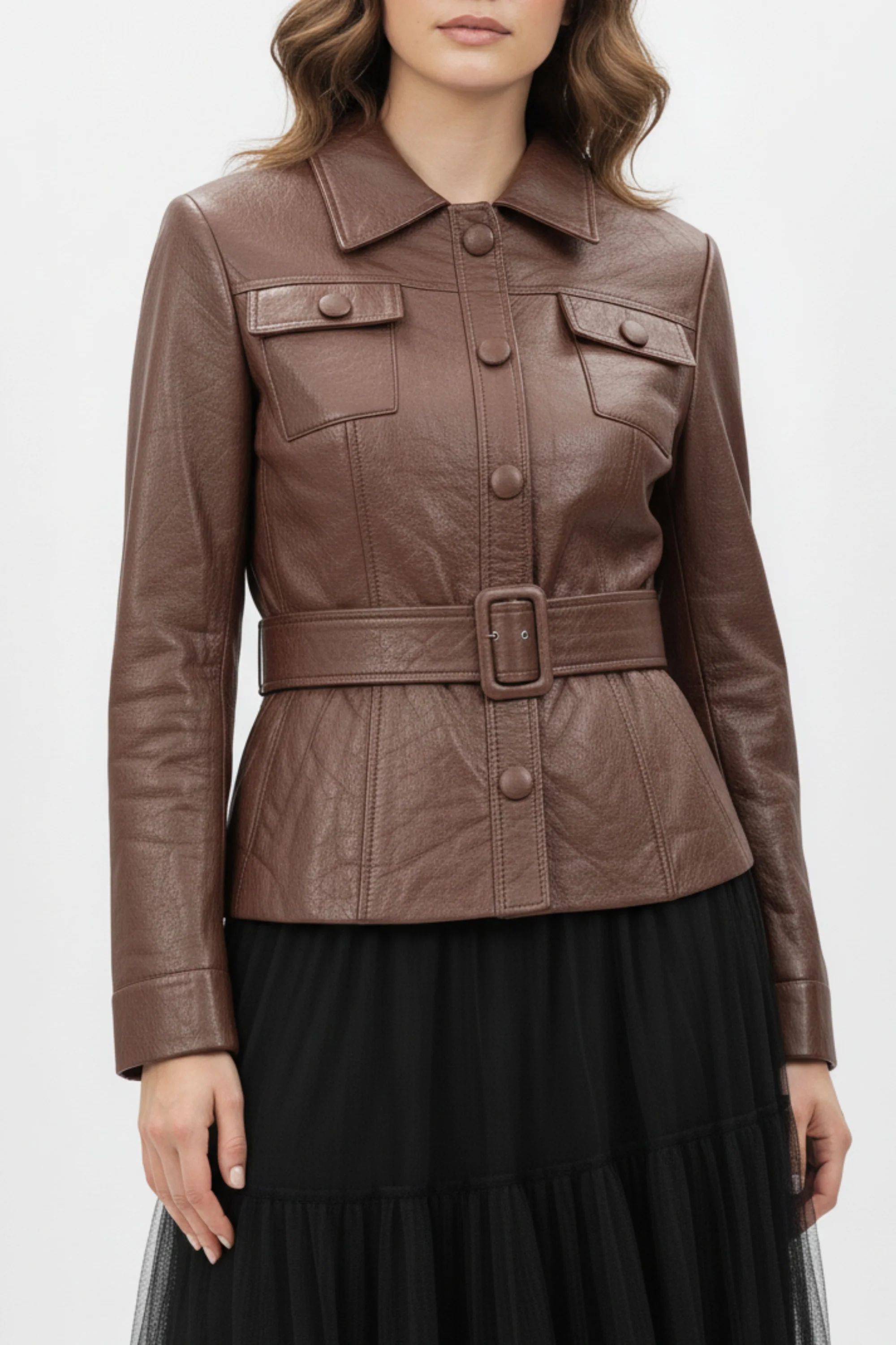 Brown Mist Leather Shirt & Mesh Skirt Co-ord Set