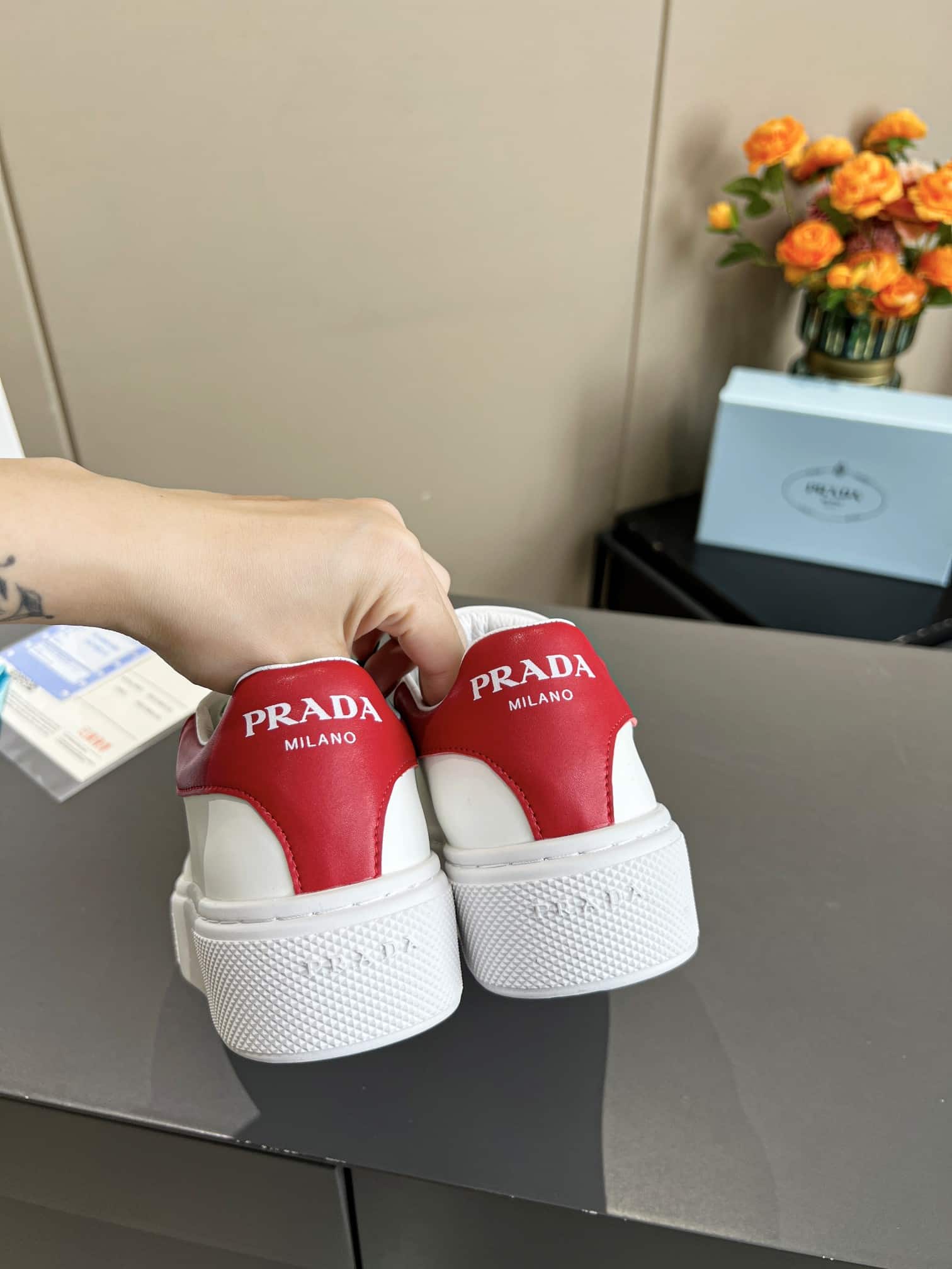 Prada Sneakers In White Leather With Red Logo