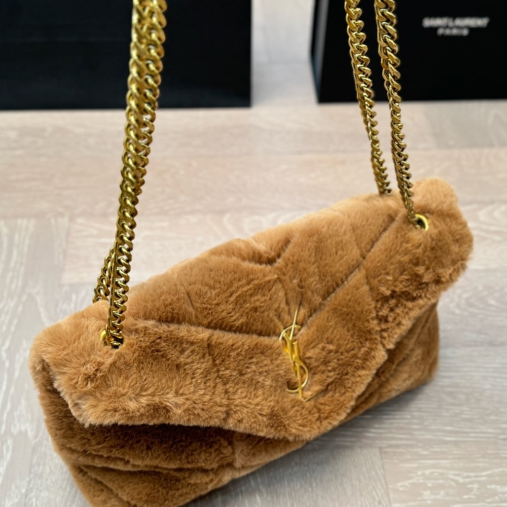 Saint Laurent Puffer Bag In Shearling Brown 28Cm