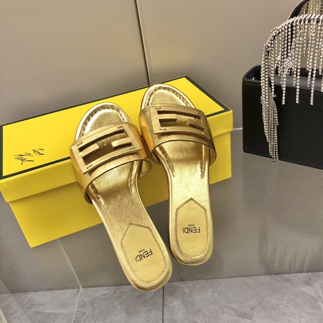 Fendi Baguette Gold Nappa Leather Slides 8R8136Ai16F0Xv6
