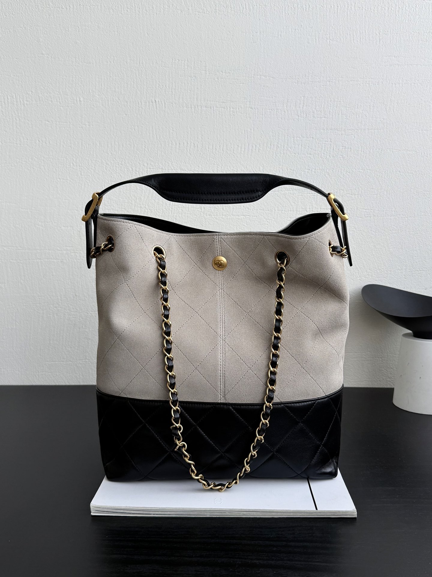 Large Hobo Bag (AS3323) in Beige Suede & Black Calfskin with Gold-Tone Hardware, 24B Fall-Winter Collection