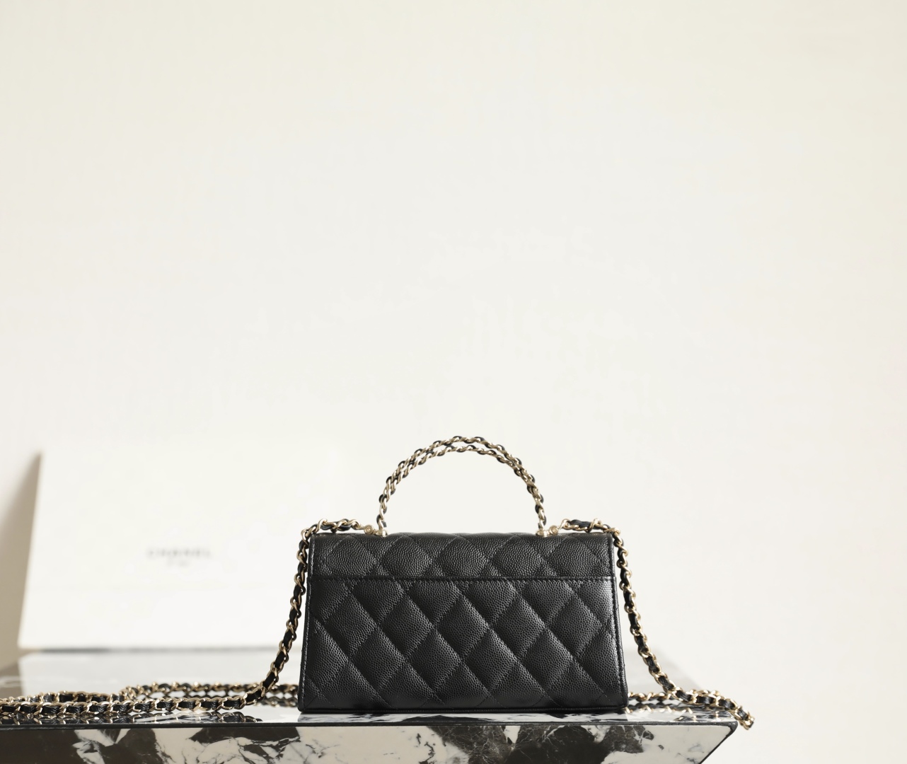 Chanel Caviar Quilted Chain Top Handle Phone Holder With Chain Black 18cm