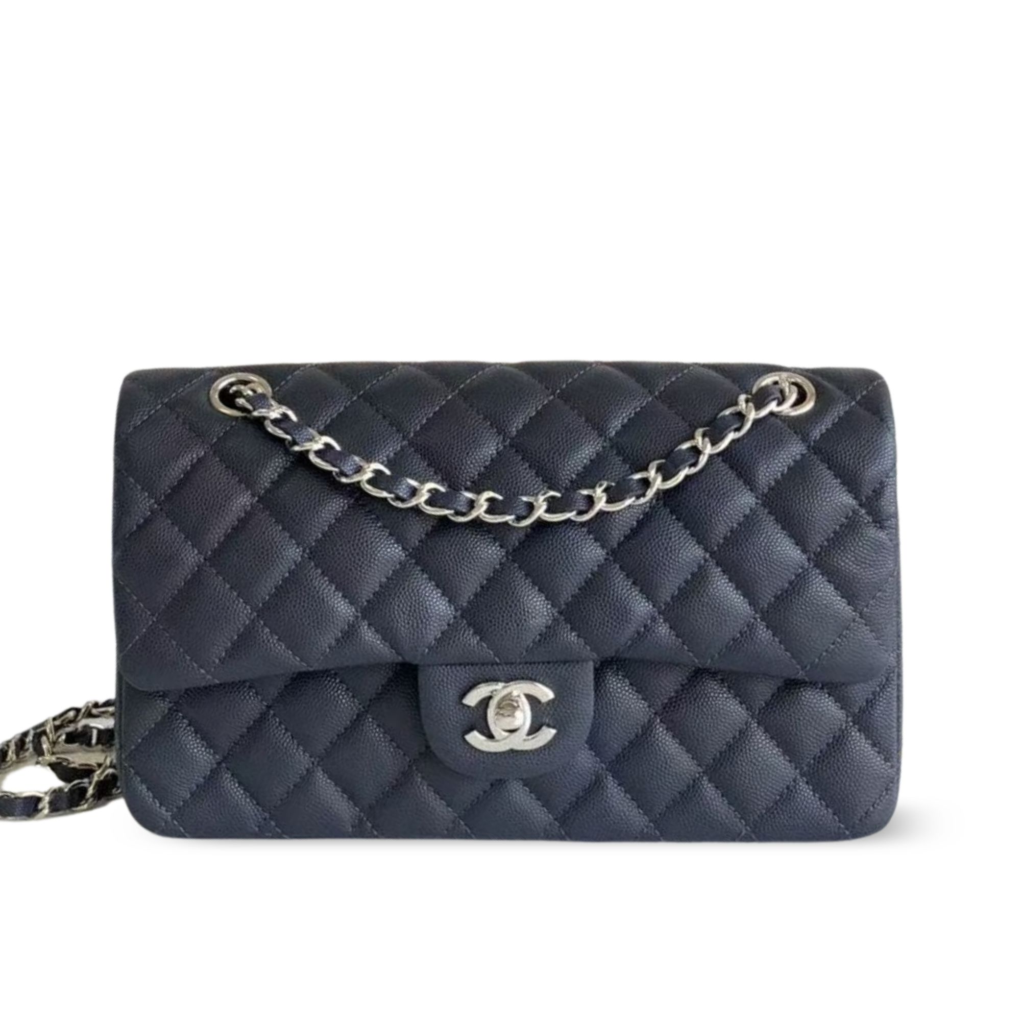 Chanel Classic Flap Bag 25 cm Navy Blue Silver-Tone Hardware A01112