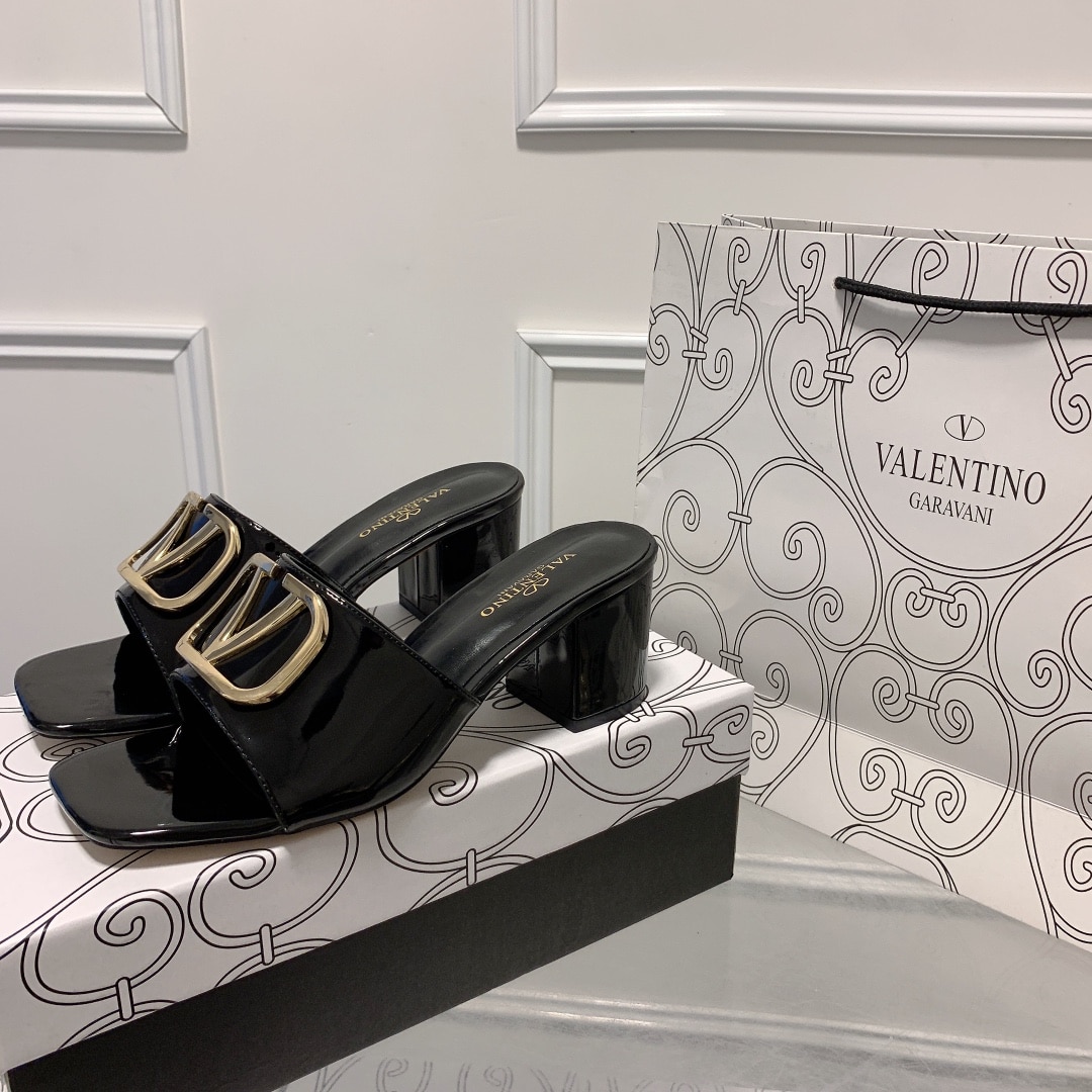 Valentino VLogo Signature Square-Toe Mid-Heel Slide Sandals - Black