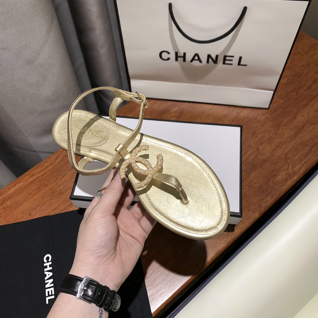 Chanel Gold Pearl Cc Logo Thong Sandals Golden