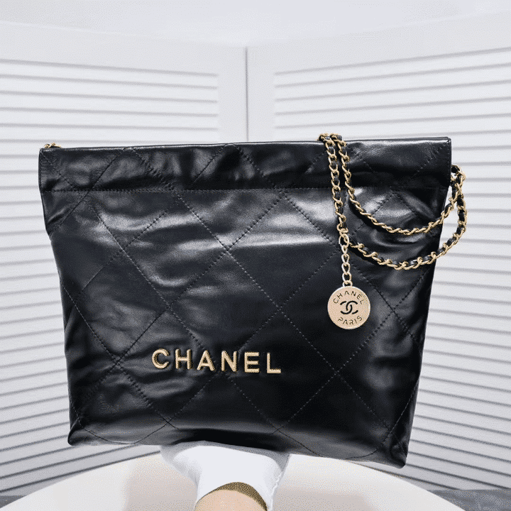 Chanel 22 Handbag Shiny And Gold Tone Metal Black 42Cm As3261 B19059 94305