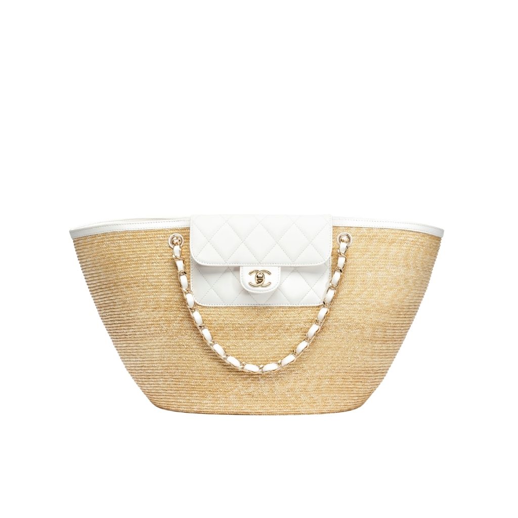 Chanel Small Shopping Bag Braided Straw Beige White 25Cm