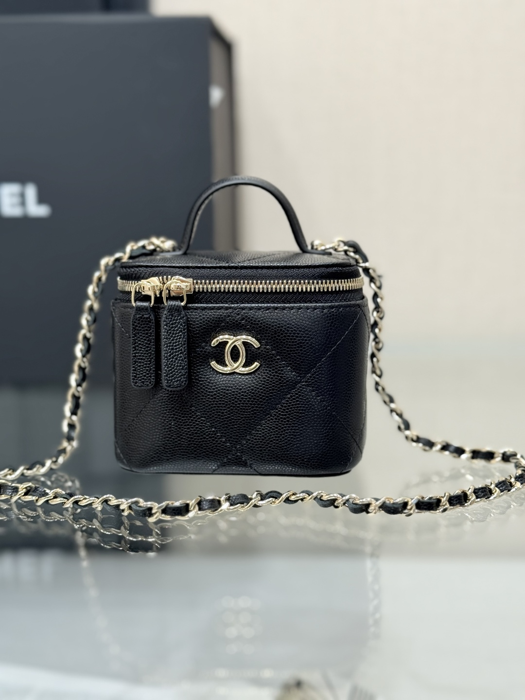 Mini Top Handle Vanity Case (AS5993) in Black Quilted Grained Calfskin (Caviar) with Antique Gold-Tone Hardware