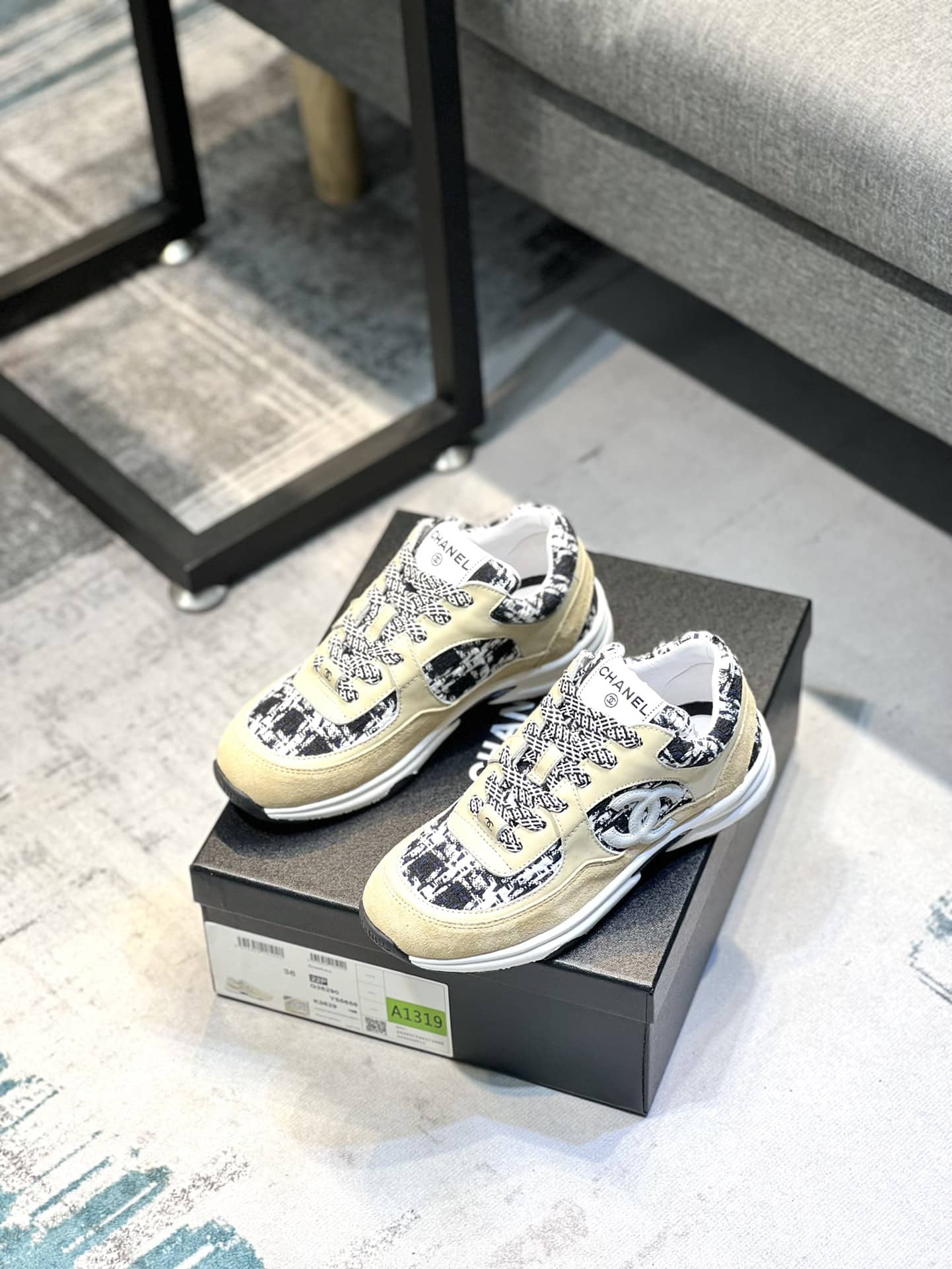 Chanel Coton Tweed Suede Calfskin Sneakers Black