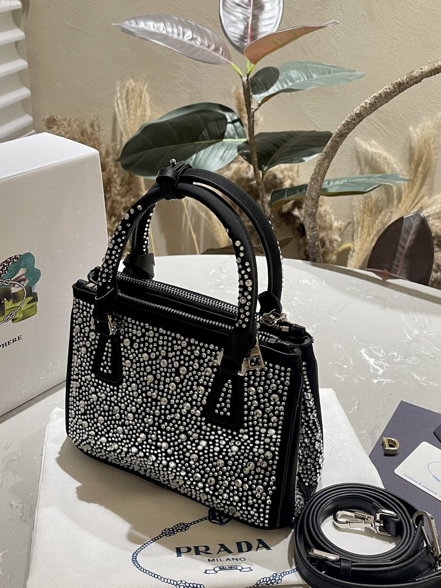 Prada Galleria Satin Mini Bag With Crystals Metal 23Cm