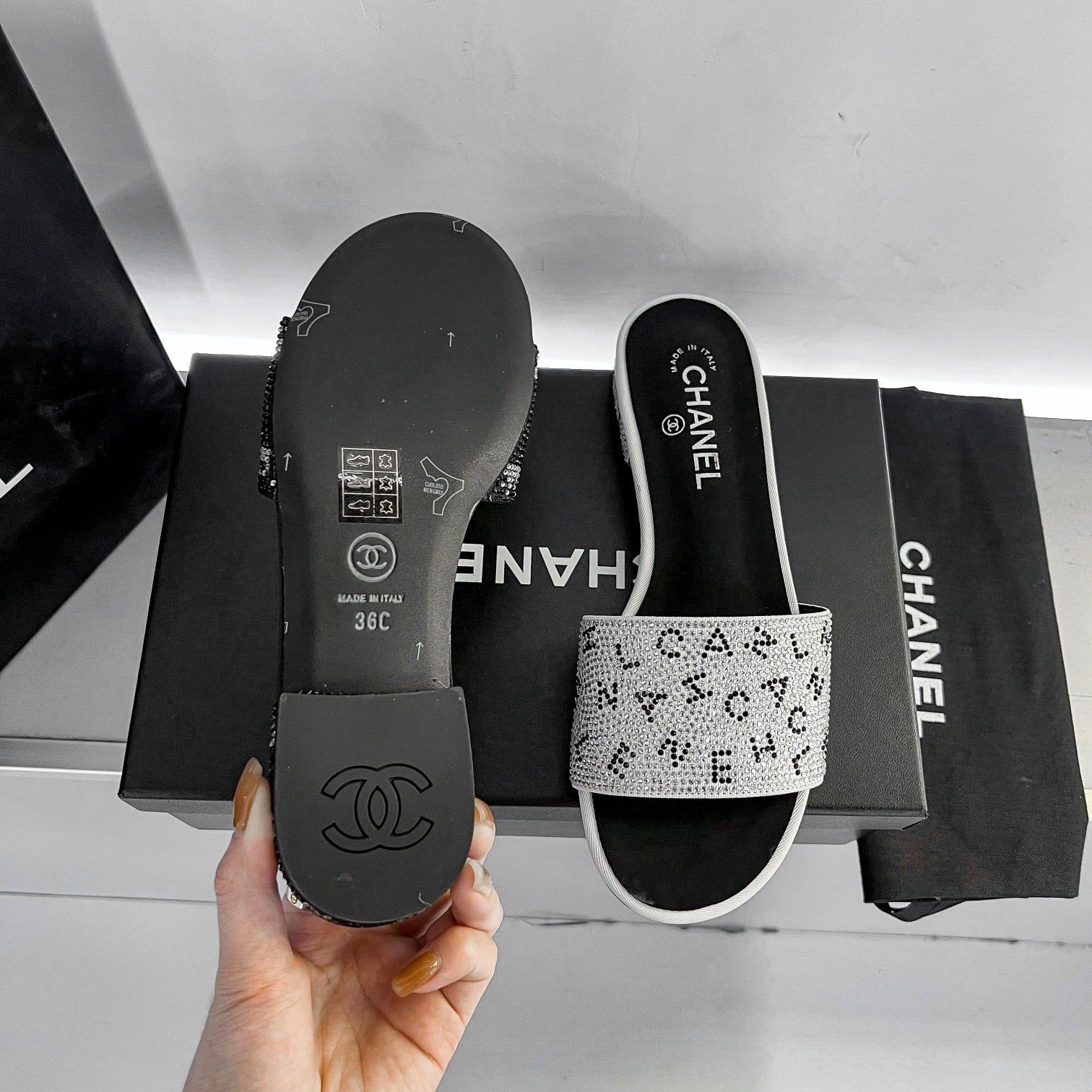 Chanel 24P Beaded Diamond Logo Slippers Silver