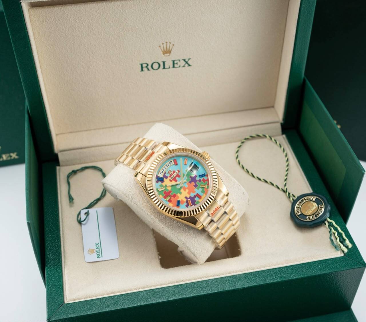 [Superclone] Rolex Day-Date 36mm Rainbow Sapphire & Puzzle Dial President 128238