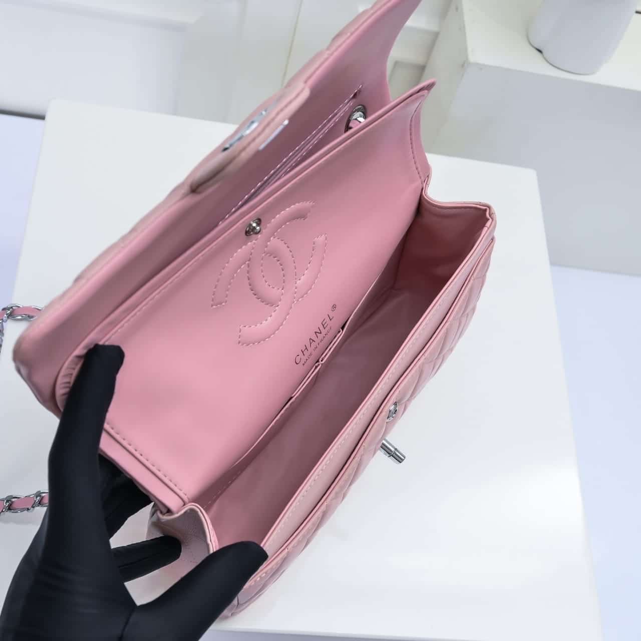 Chanel Classic Double Flap Bag Silver Hardware Light Pink 25Cm