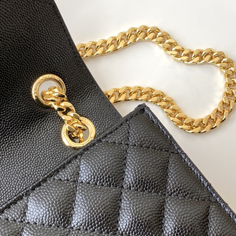 Saint Laurent Envelope Medium In Quilted Grain De Poudre Embossed Leather Black Gold 24Cm 600185Bow911000
