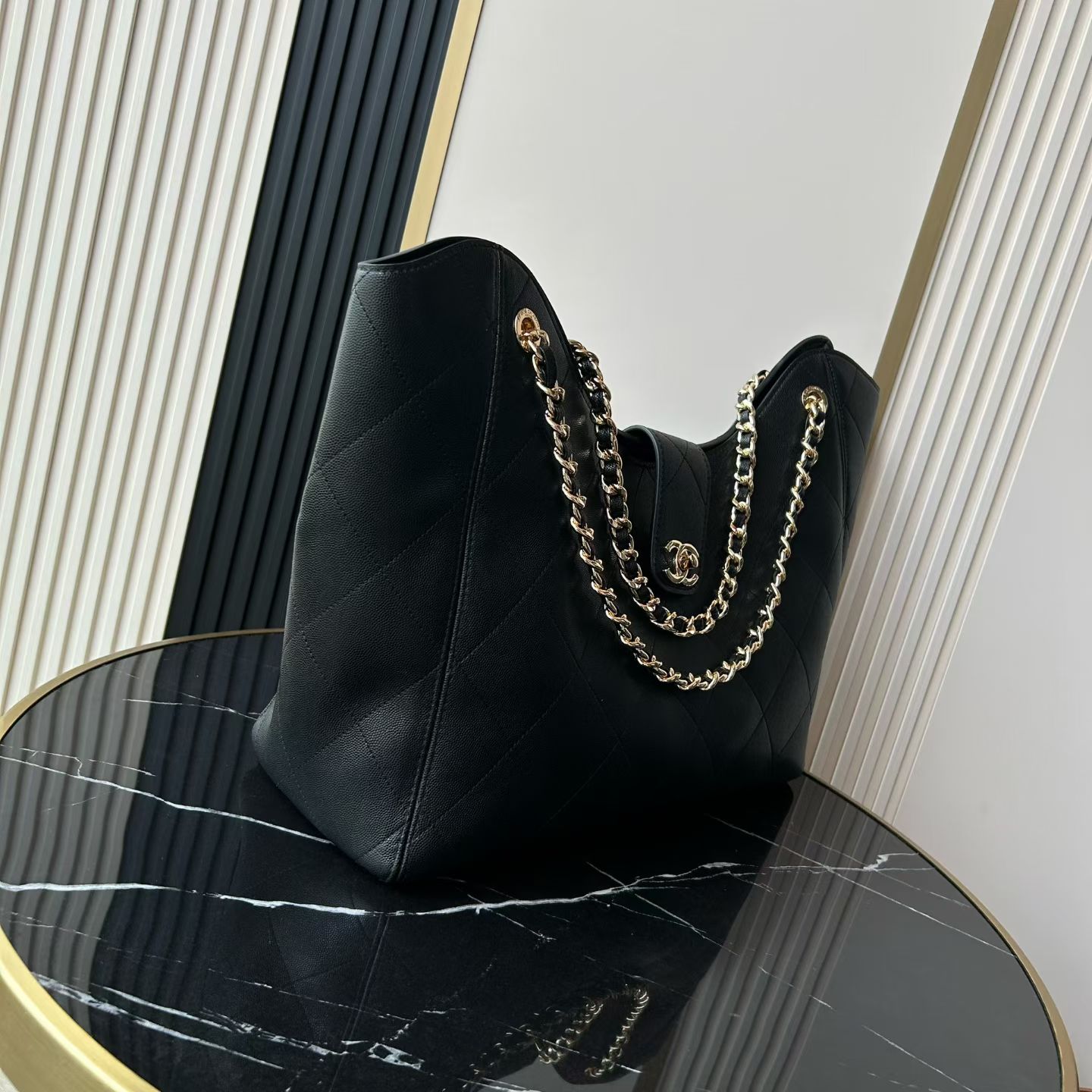 25K Black Quilted Caviar Leather Tote Handbag with Gold-Tone Hardware