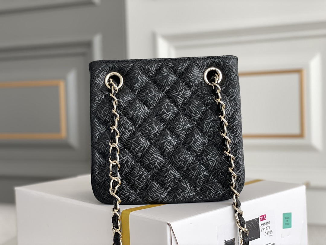 23P Mini Bucket Tote Bag in Black Quilted Grained Calfskin (Caviar) with Silver-Tone Hardware (Model AS3176)