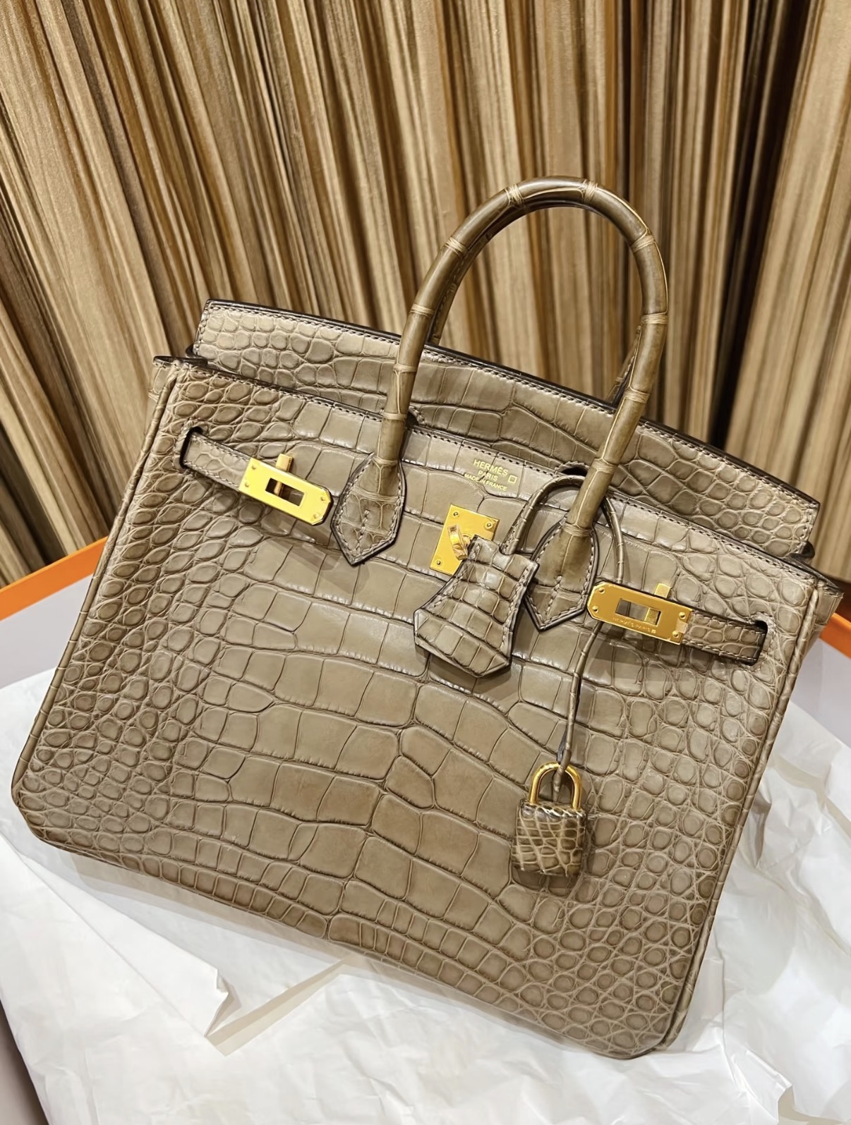 Birkin 25-35 elephant gray gold hardware crocodile leather custom