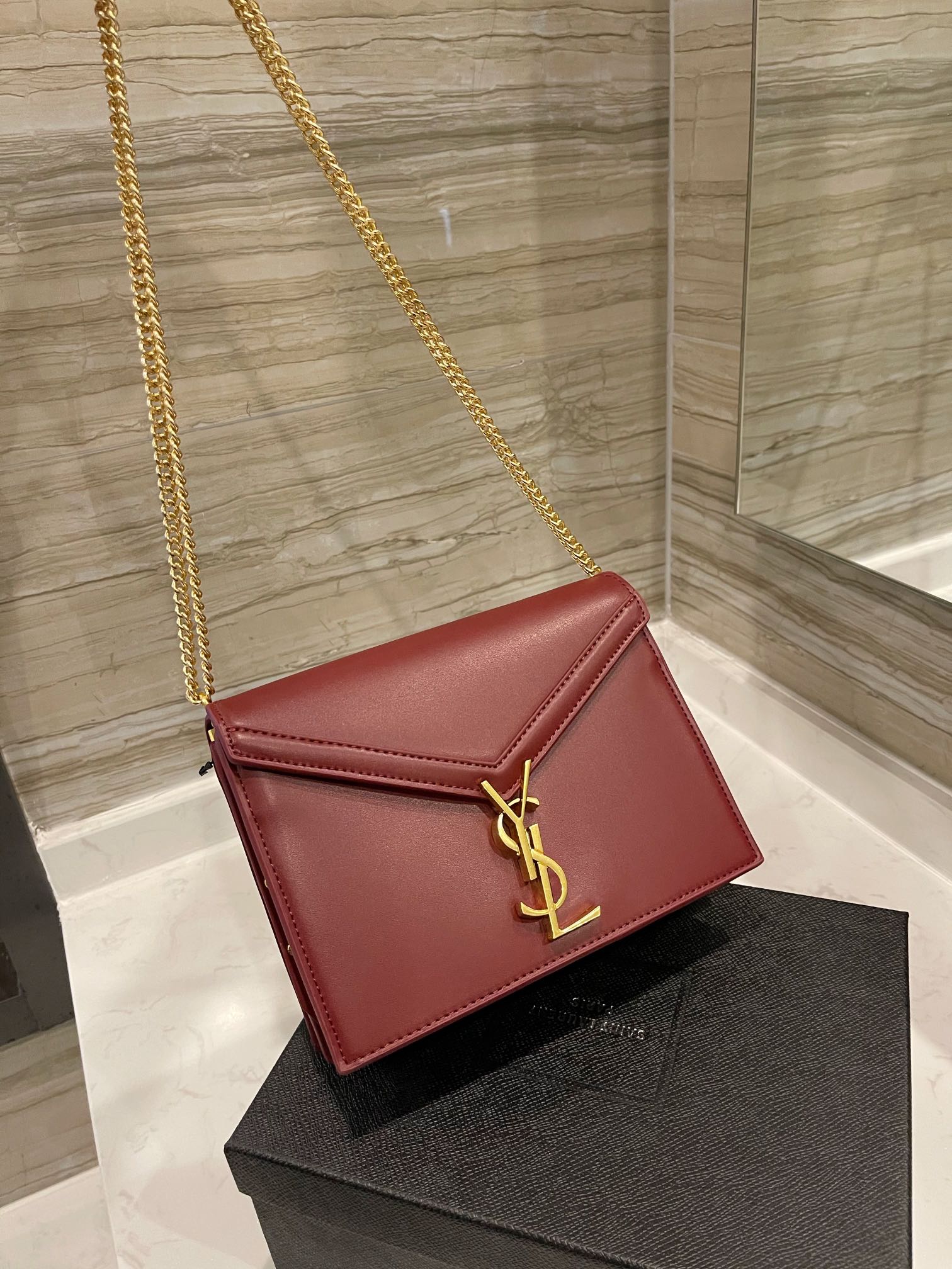 Saint Laurent Cassandra Chain Crossbody Bag Wine Red