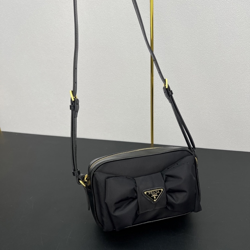 Prada Re Nylon And Nappa Mini Shoulder Bag With Bow Black 18Cm