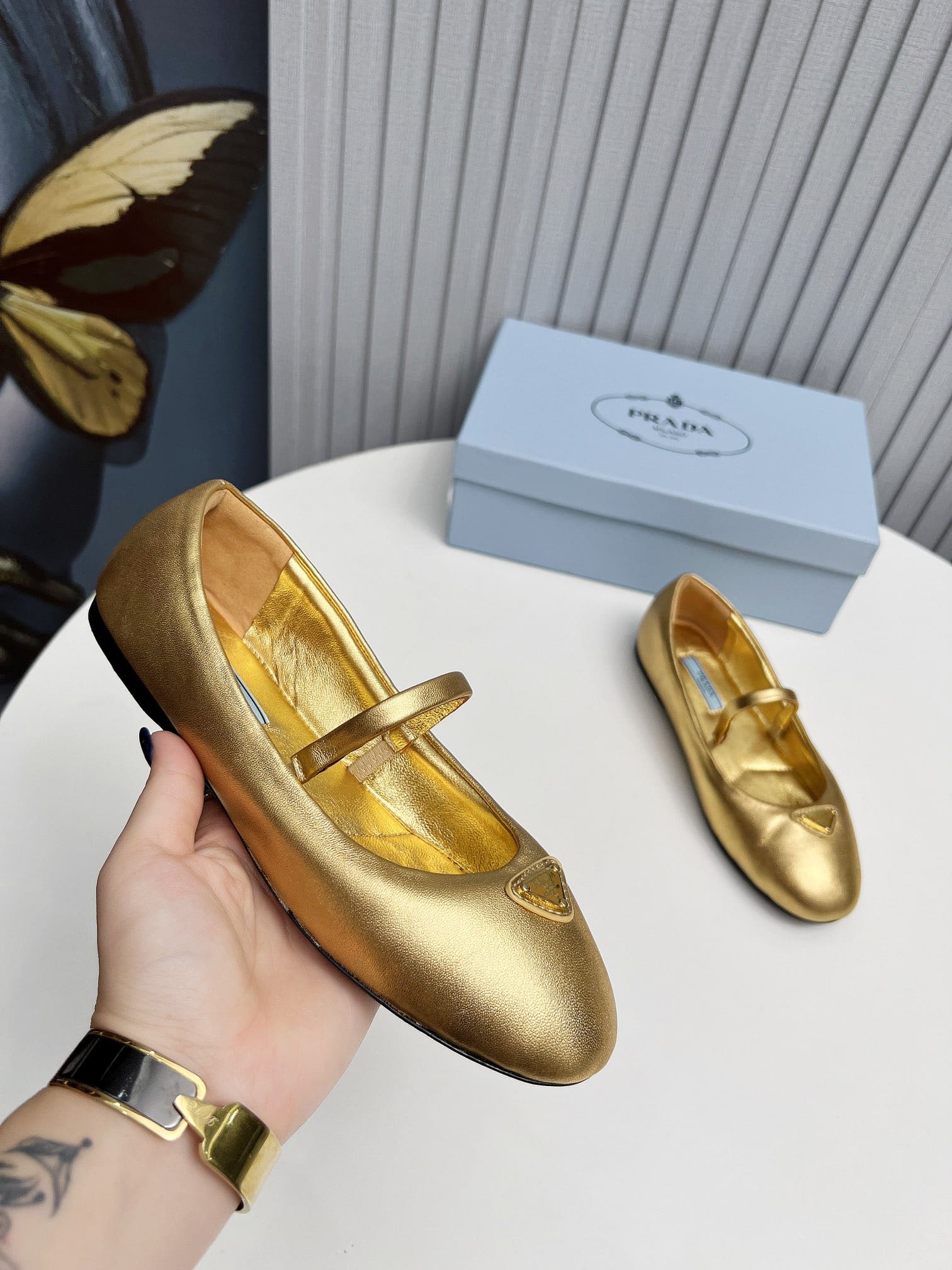 Prada Soft Padded Nappa Leather Ballerinas Gold