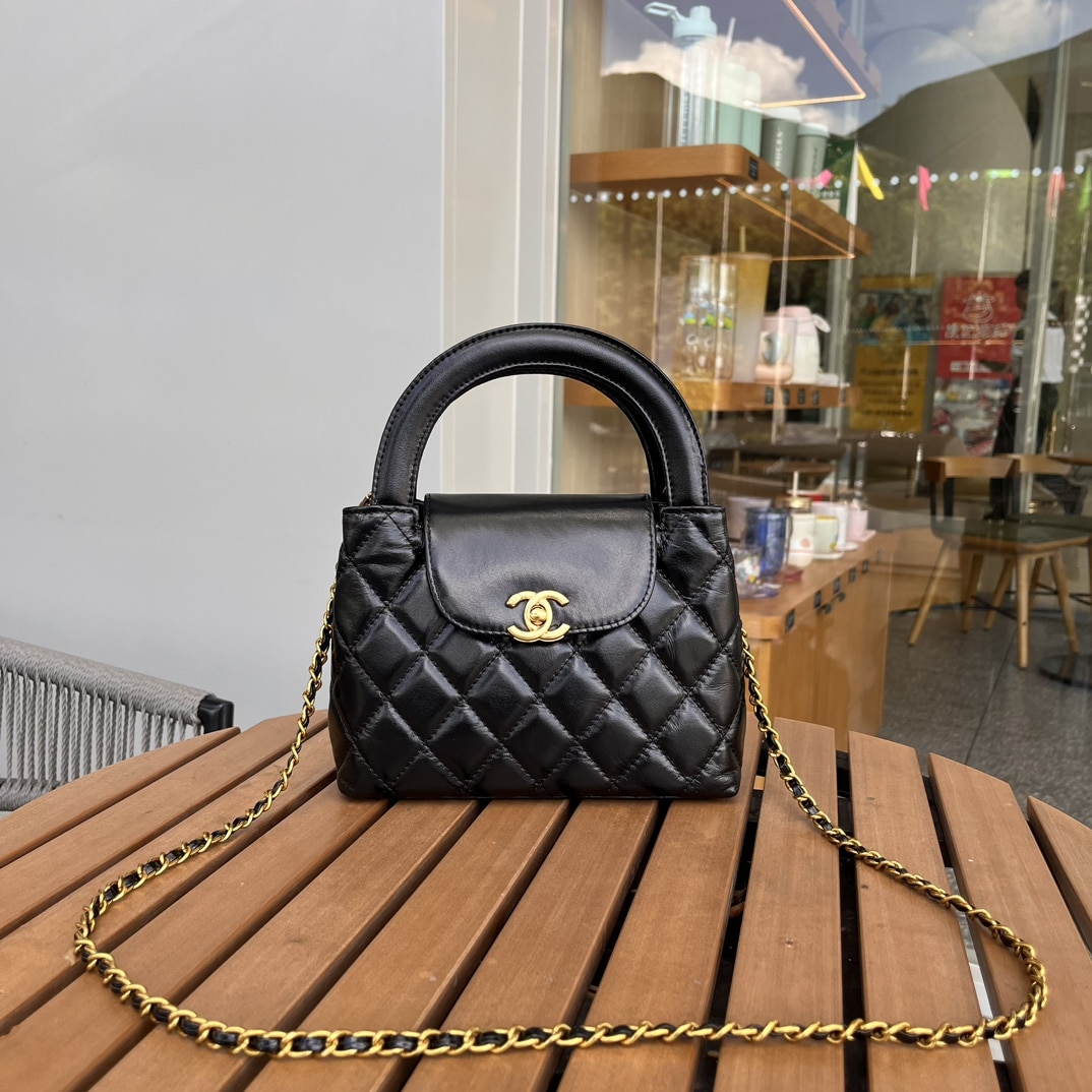 Chanel Kelly Mini Shopping Bag Shiny Aged Gold Tone Metal Black 19Cm AS4416 B14296 94305