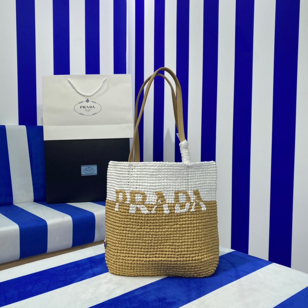 Prada Raffia Tote Bag Beige 23cm