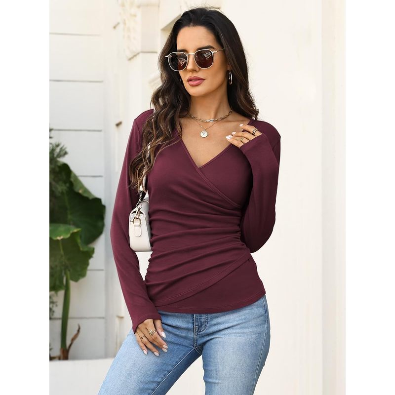 Women's Wrap Long Sleeve Shirts Dressy Casual Slim Fit Ruched Tops