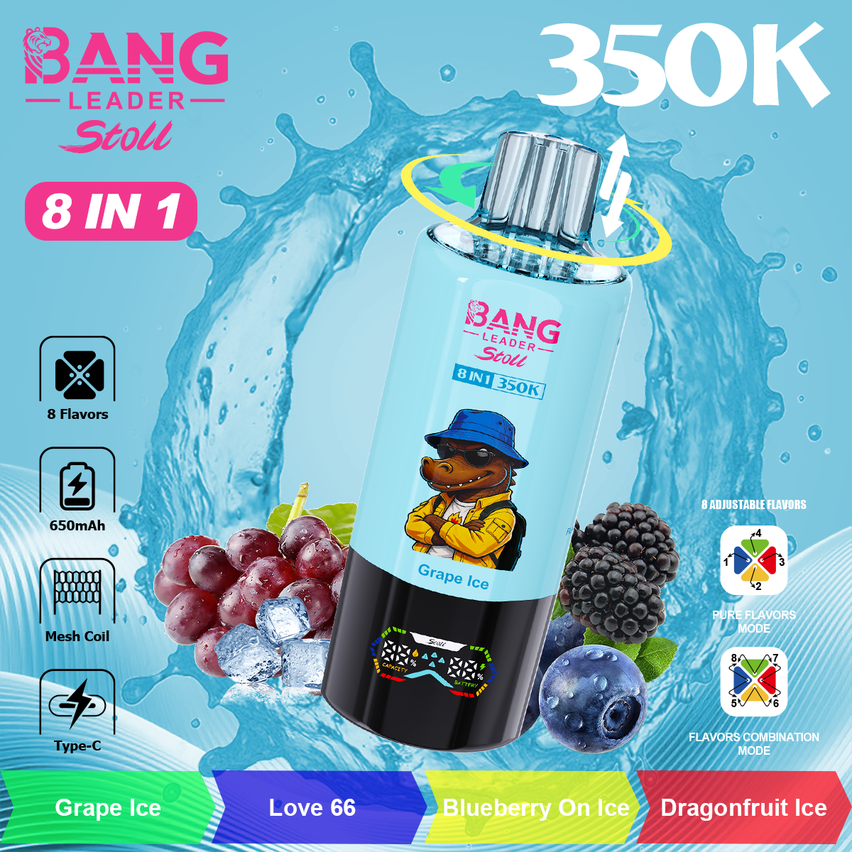 Bang Leader 350K Puffs 8-in-1 Prefilled Vape | 8 Flavors in 1 Device,  Rechargeable, 3%  5%