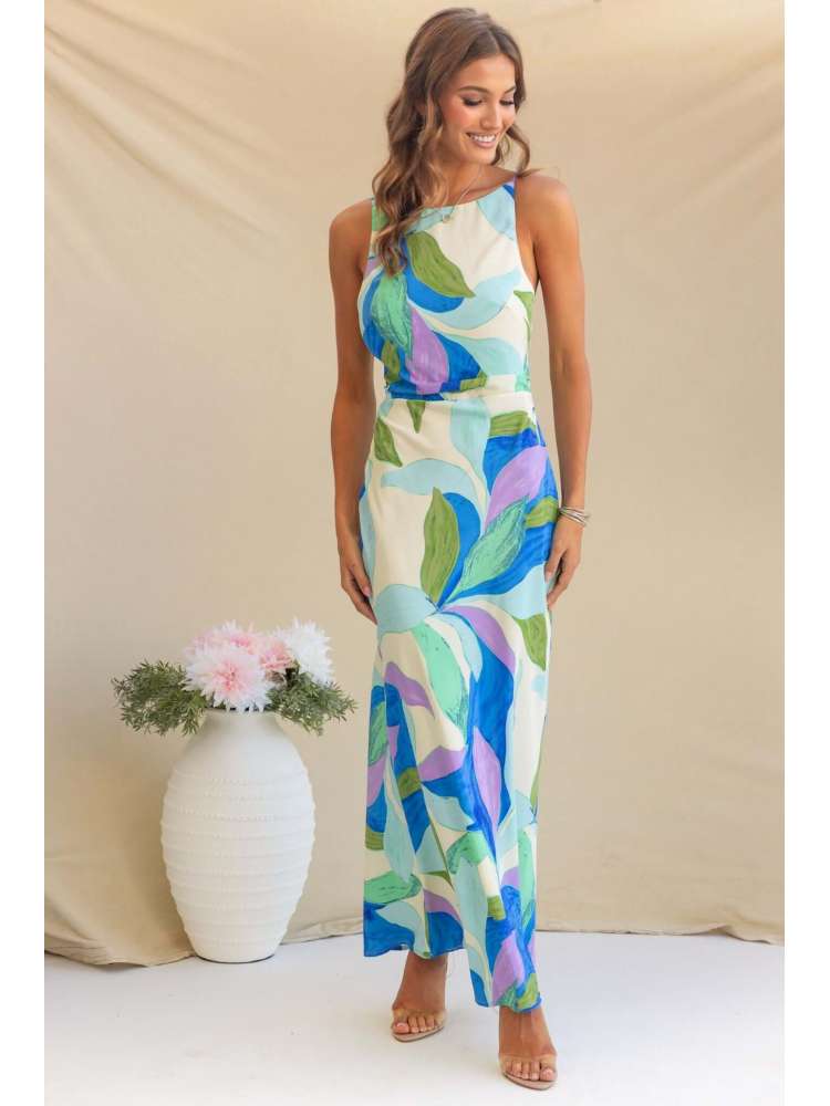 Colorblock Printed Backless A-line Maxi Dress