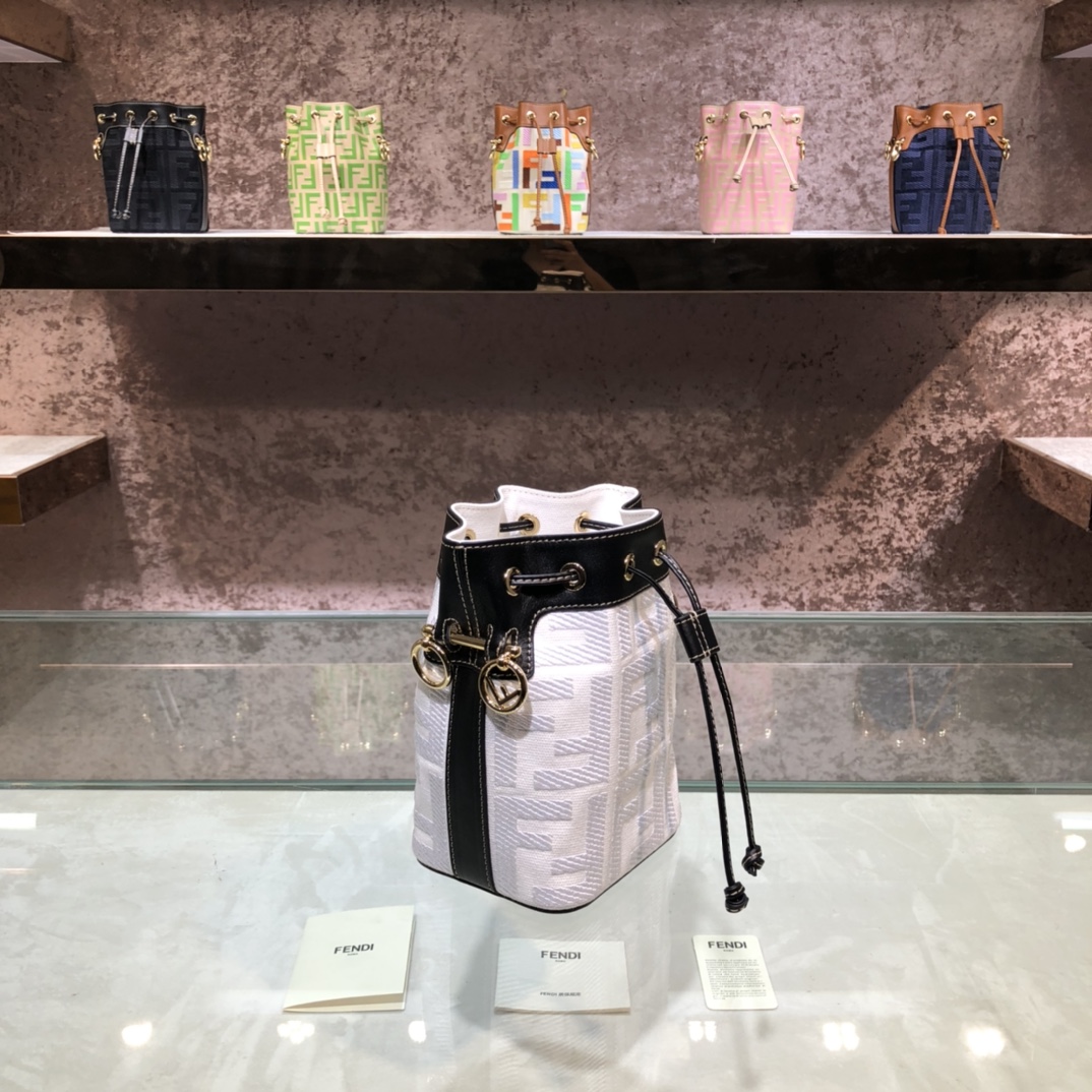 FENDI-White Denim FF Logo Embroidered Bucket Bag