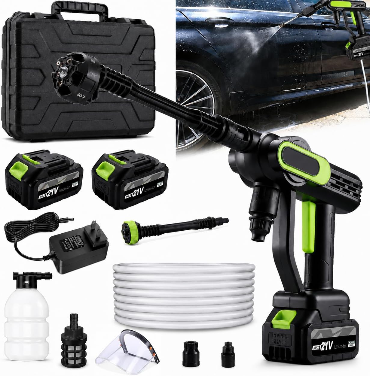 Cordless Portable Pressure Washer, 180 W Brushless Motor with 6-in-1 Nozzle, 5 m Hose, 2pcs 21V Battery&Charger, Handheld Washer for Car,Home,Garden Patio (A)