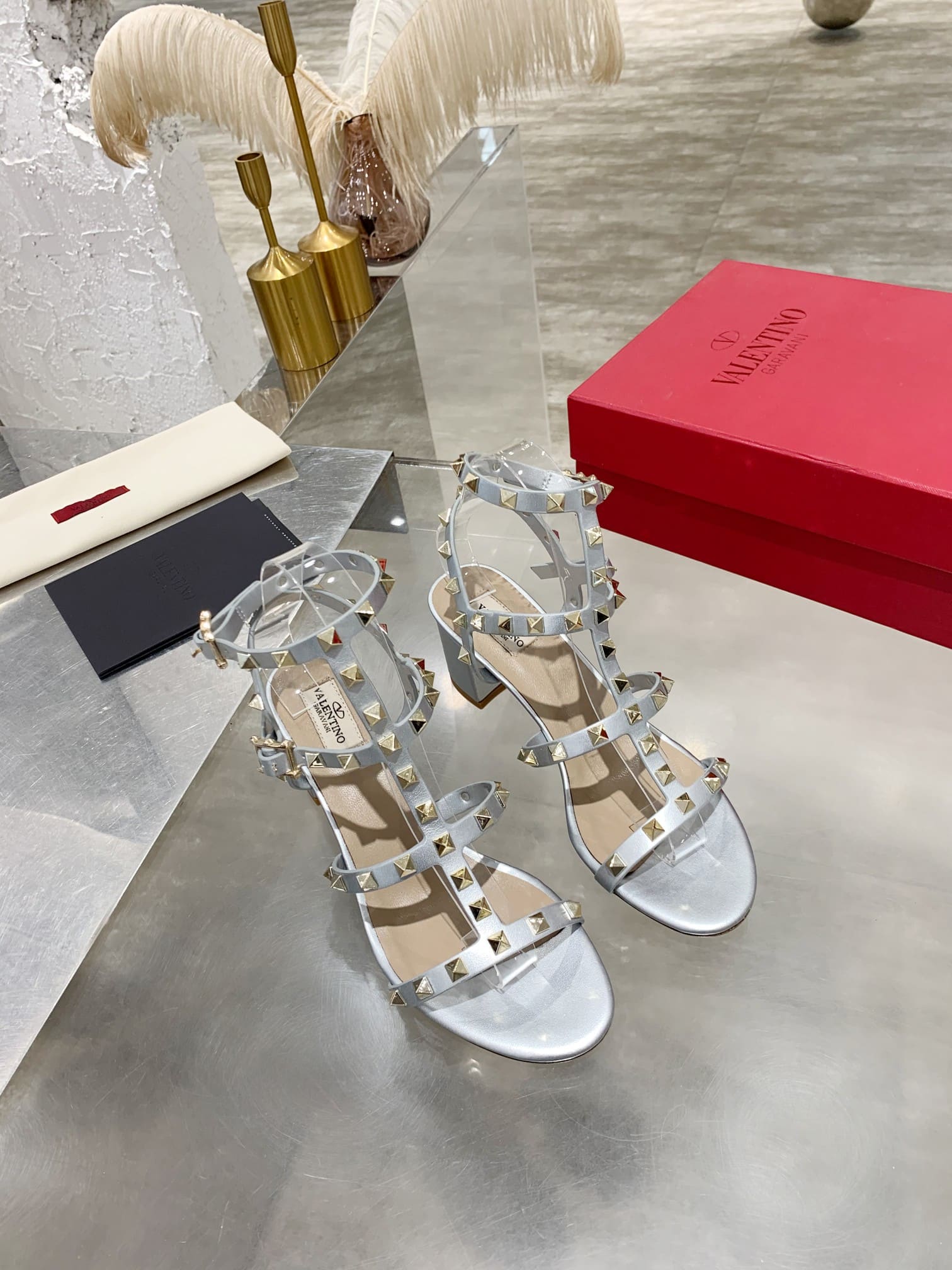 Valentino Garavani Rockstud Leather Sandals Silver