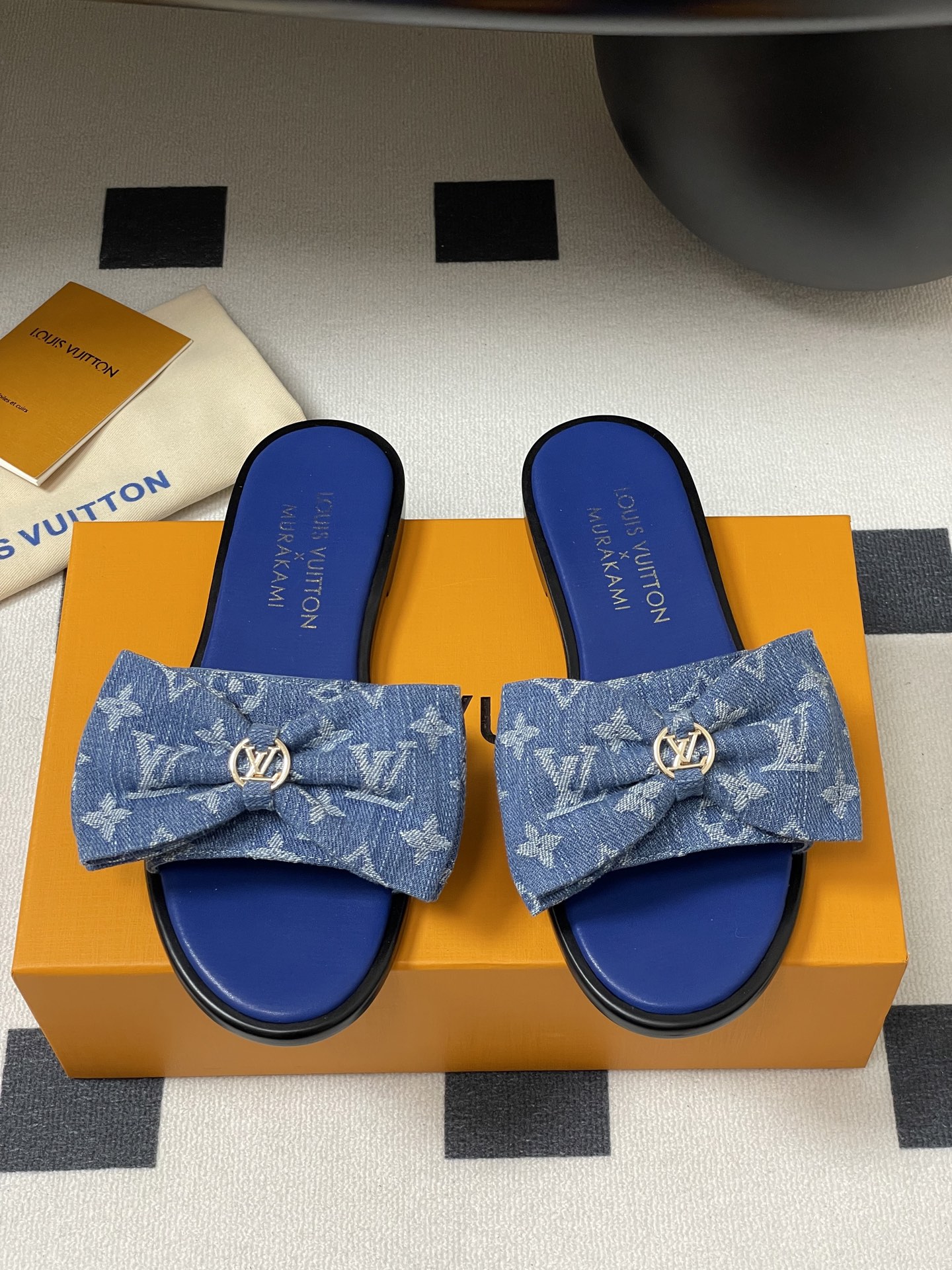 Louis Vuitton x Takashi Murakami Lily Flat Mule Bow Slide Sandals Blue Canvas 1AGVYA