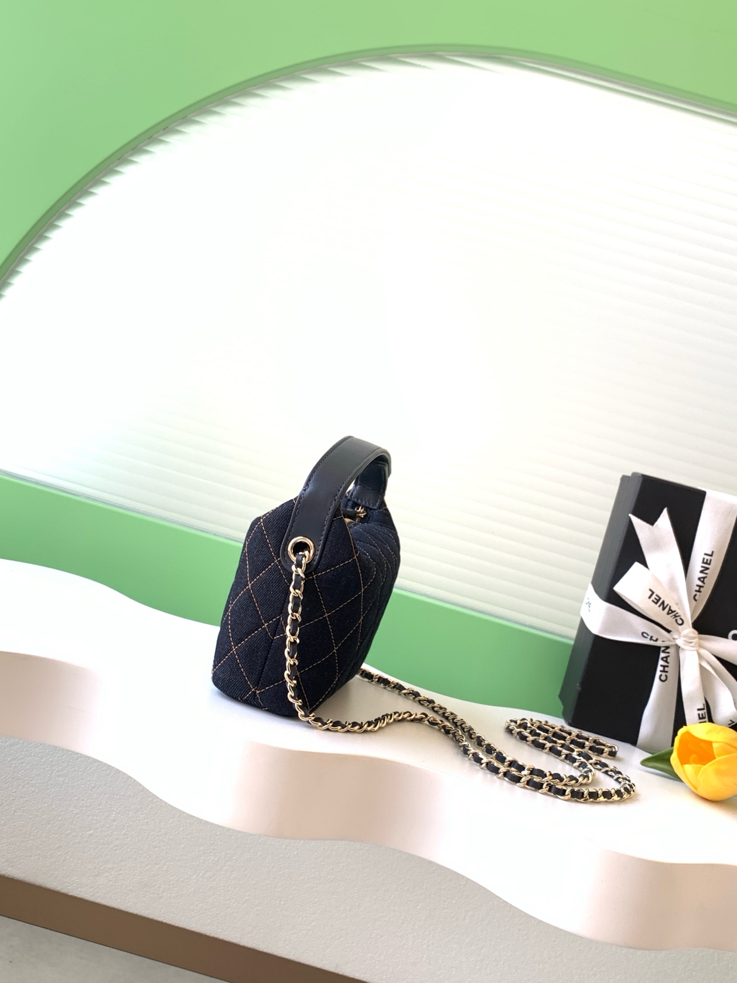 26S Spring-Summer Quilted Denim Hobo Bag with Handle in Dark Blue with Gold Hardware (Model AS5653)