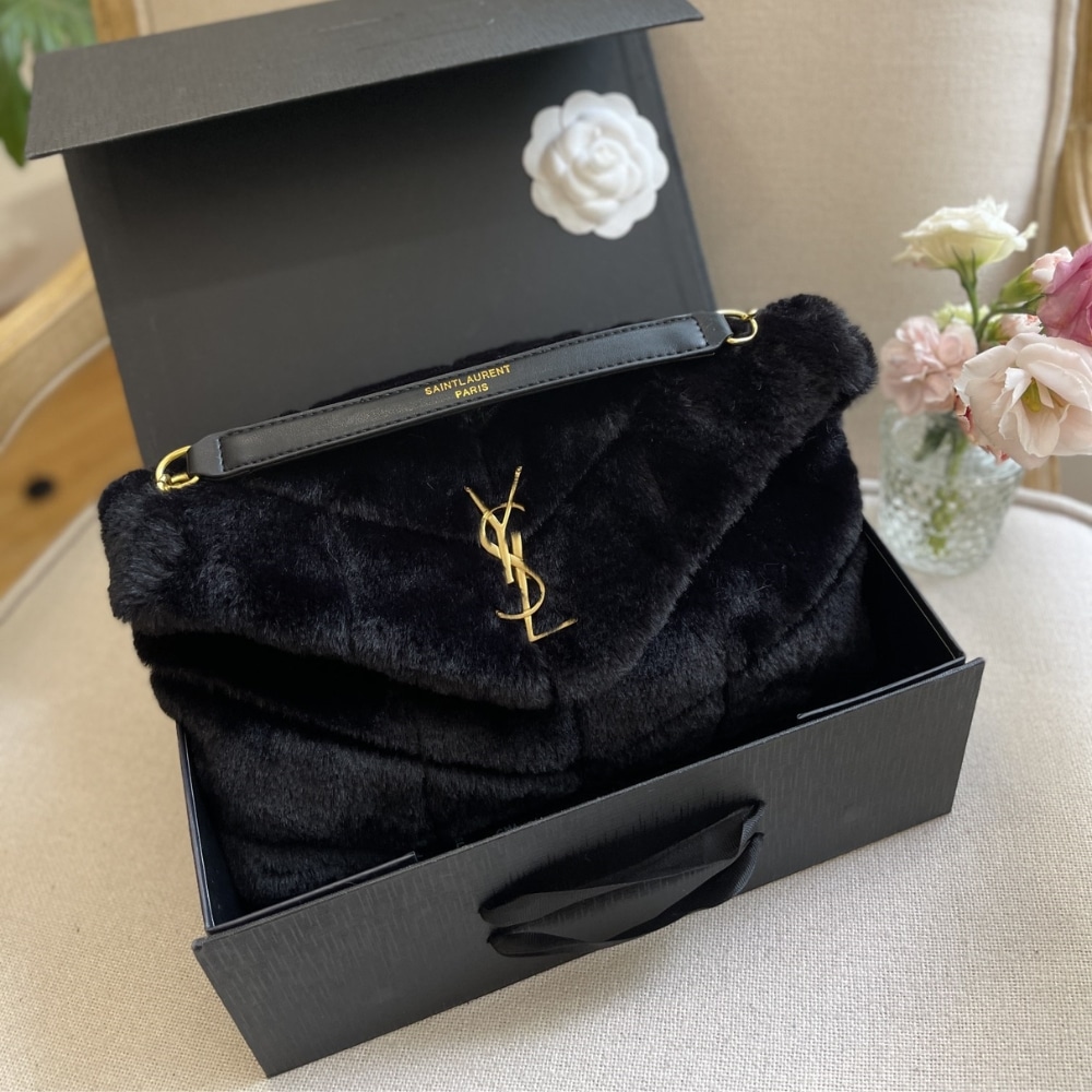 Saint Laurent Puffer Bag In Shearling Black 28Cm