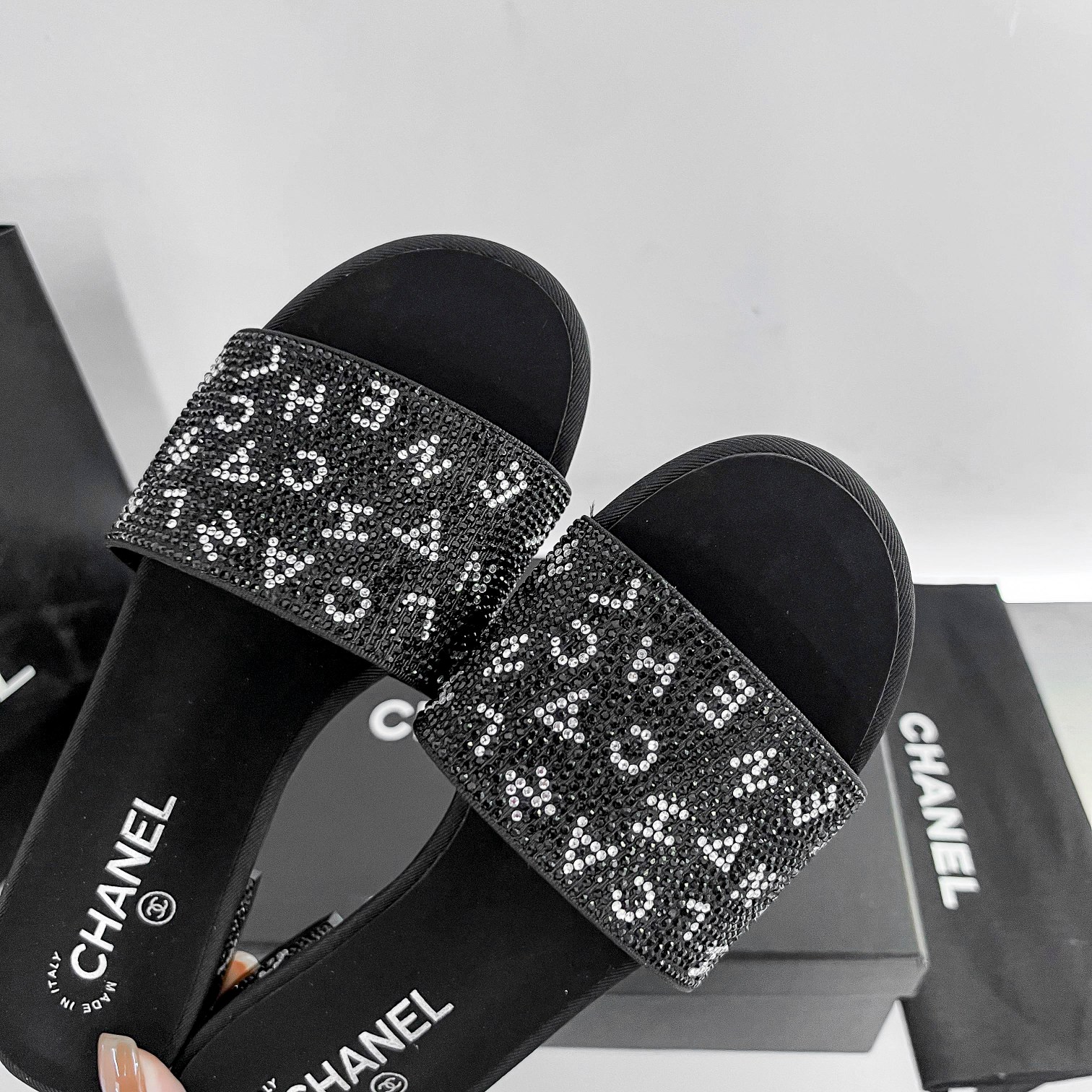 Chanel 24P Beaded Diamond Logo Slippers Black
