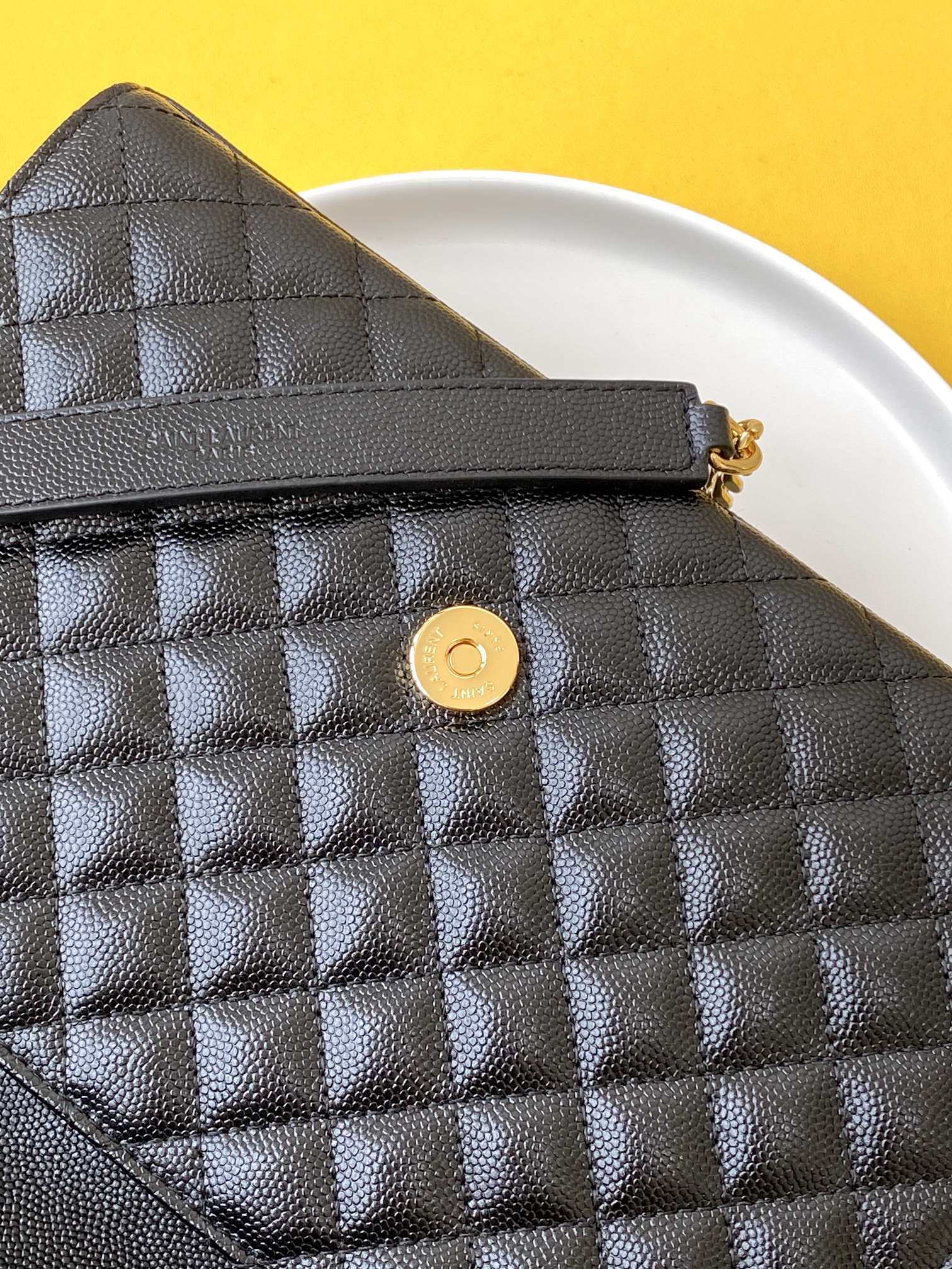 Saint Laurent Envelope Medium Chain Bag In Supple Matelasse Leather Black Gold 24Cm